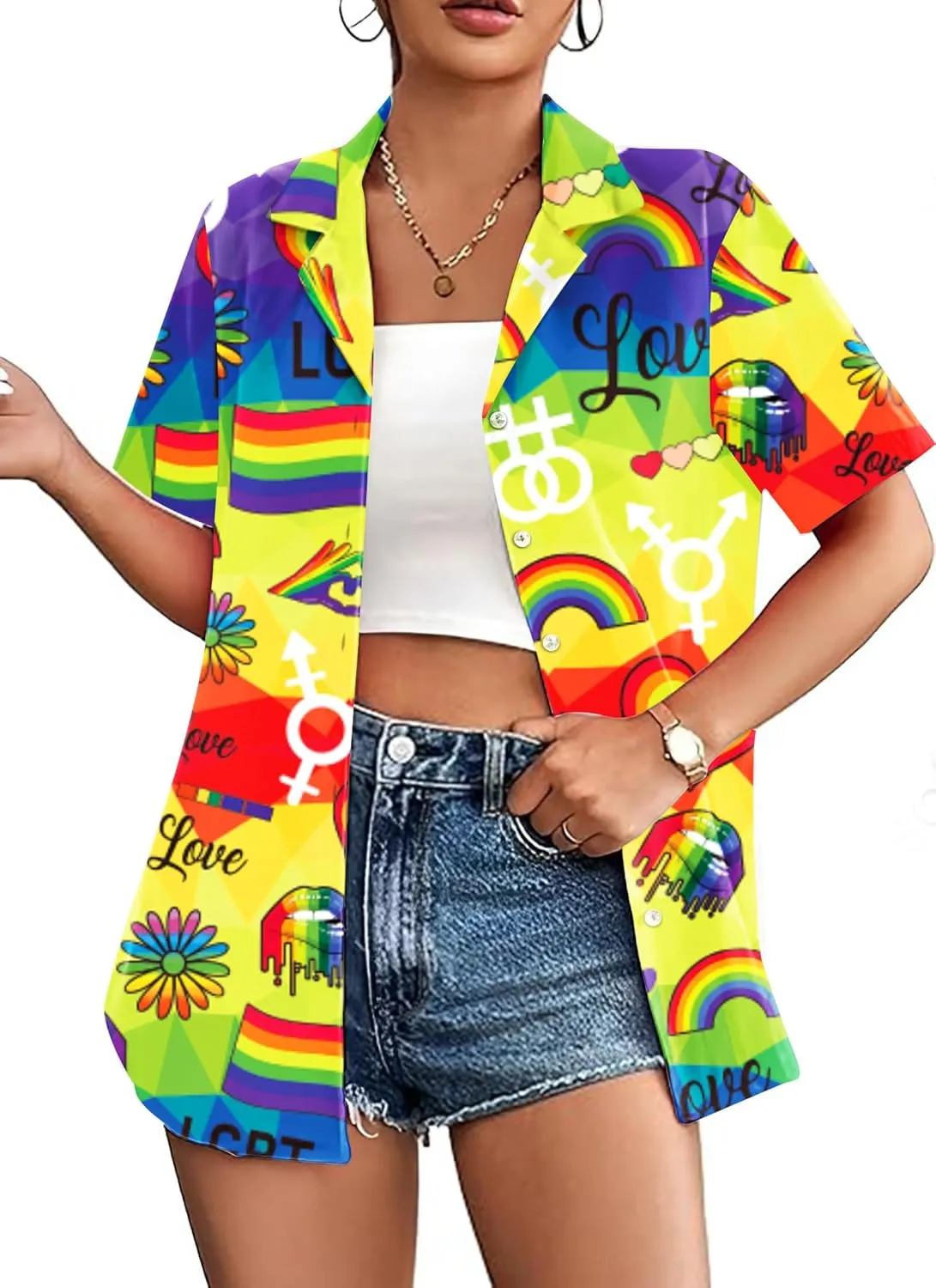 LAZYCHILD Pride Outfits for Women: Rainbow Heart Shirt LGBTQ Equality T-Shirt Pride Ally Button Up Tops