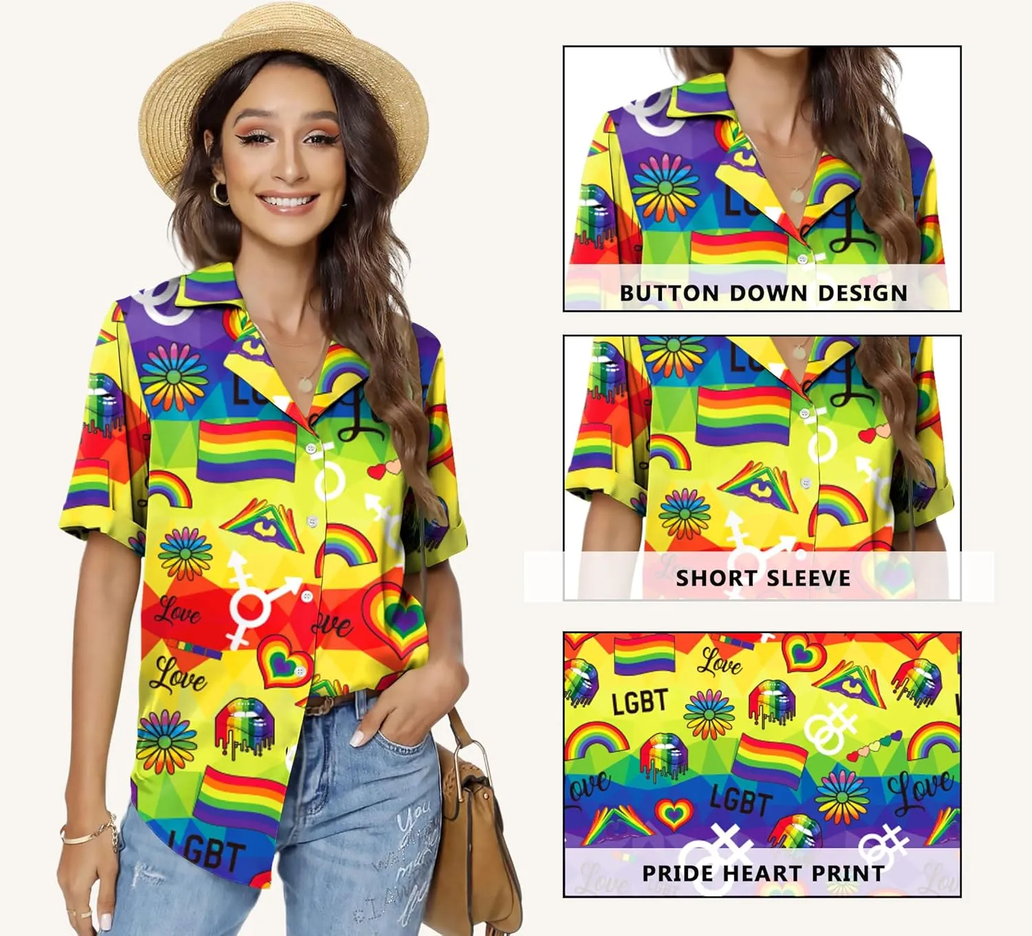 LAZYCHILD Pride Outfits for Women: Rainbow Heart Shirt LGBTQ Equality T-Shirt Pride Ally Button Up Tops
