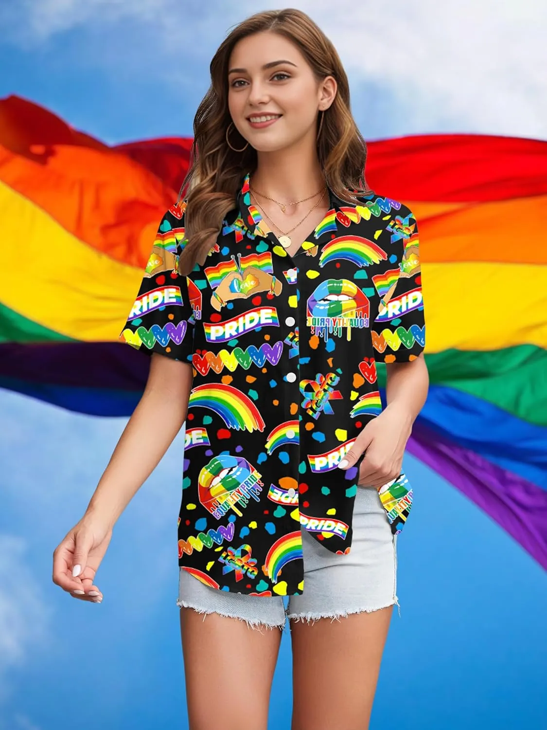 LAZYCHILD Pride Outfits for Women: Rainbow Heart Shirt LGBTQ Equality T-Shirt Pride Ally Button Up Tops
