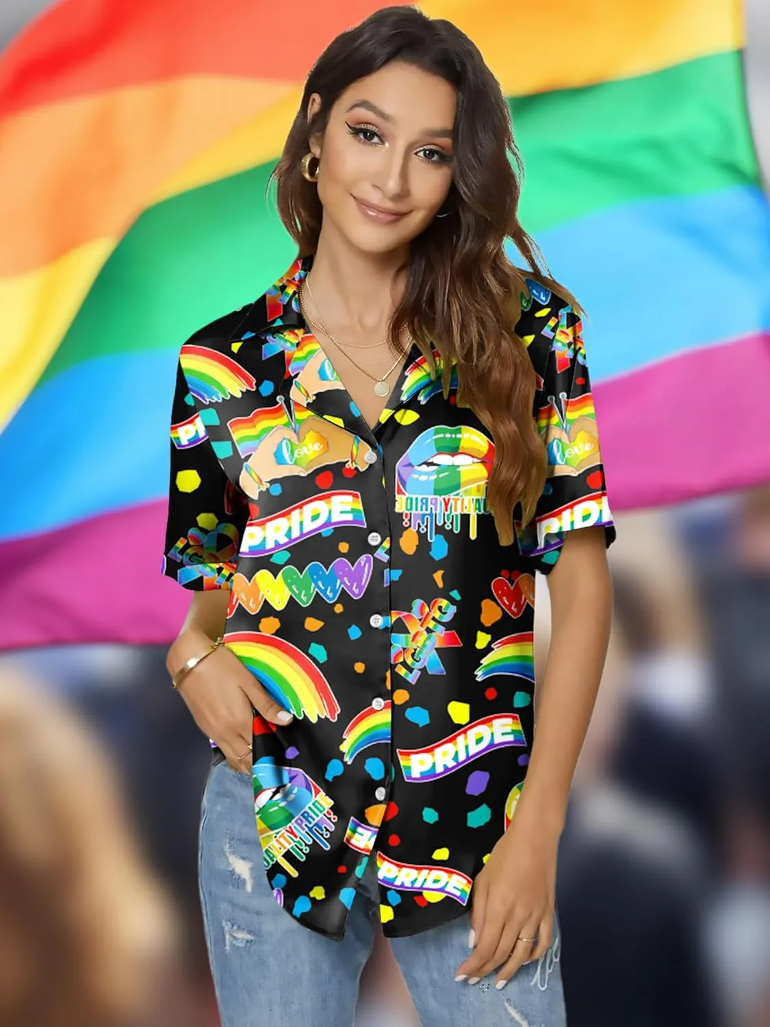 LAZYCHILD Pride Outfits for Women: Rainbow Heart Shirt LGBTQ Equality T-Shirt Pride Ally Button Up Tops