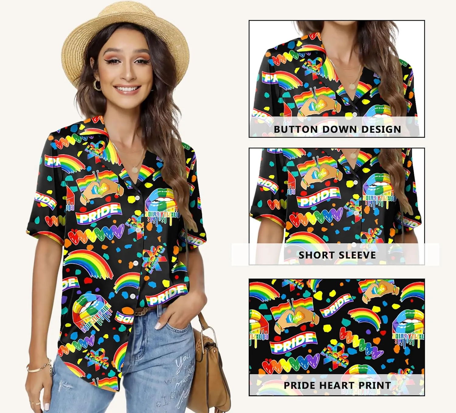 LAZYCHILD Pride Outfits for Women: Rainbow Heart Shirt LGBTQ Equality T-Shirt Pride Ally Button Up Tops