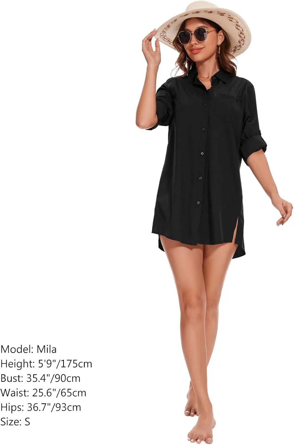 Lightbare Womens UPF 50  Button Down Shirt Dress Collared Long Sleeve Blouse Swimsuit Coverup Boyfriend Shirts Loose Fit