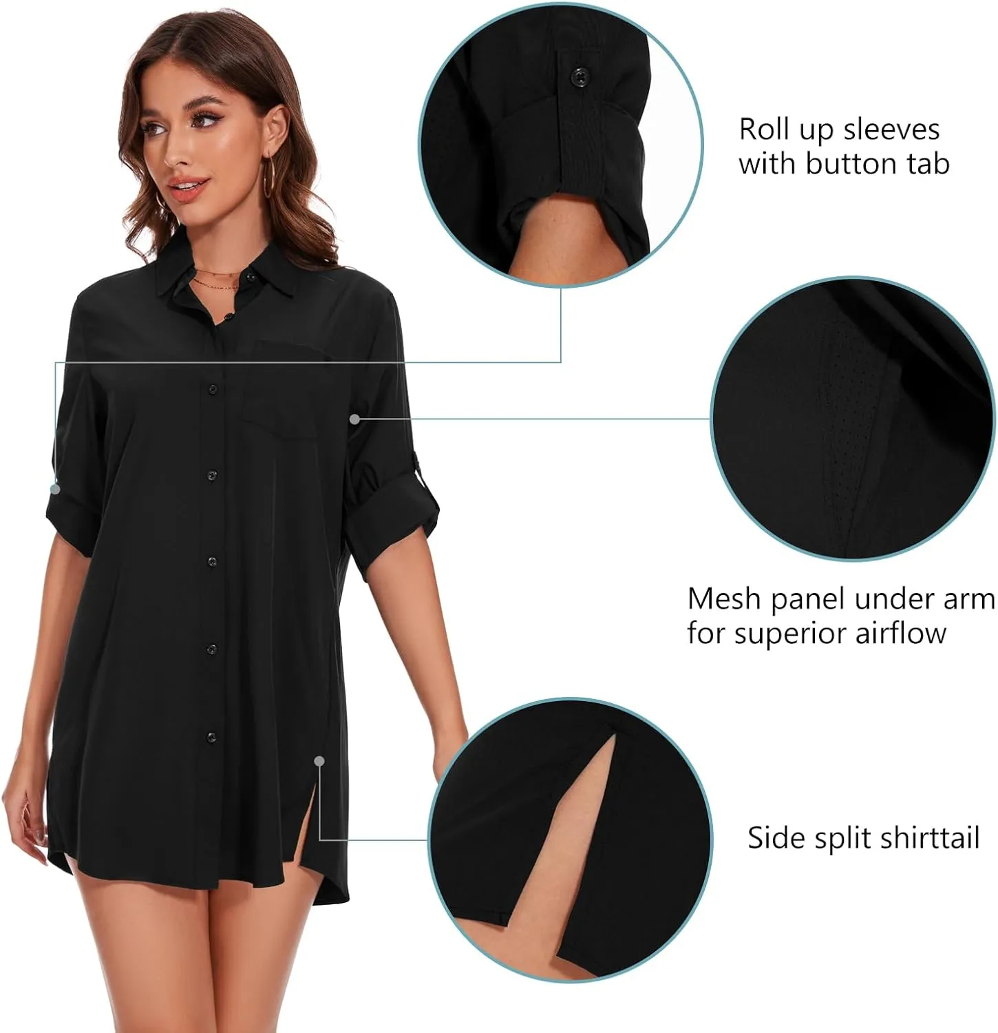 Lightbare Womens UPF 50  Button Down Shirt Dress Collared Long Sleeve Blouse Swimsuit Coverup Boyfriend Shirts Loose Fit