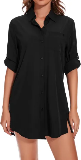 Lightbare Womens UPF 50  Button Down Shirt Dress Collared Long Sleeve Blouse Swimsuit Coverup Boyfriend Shirts Loose Fit