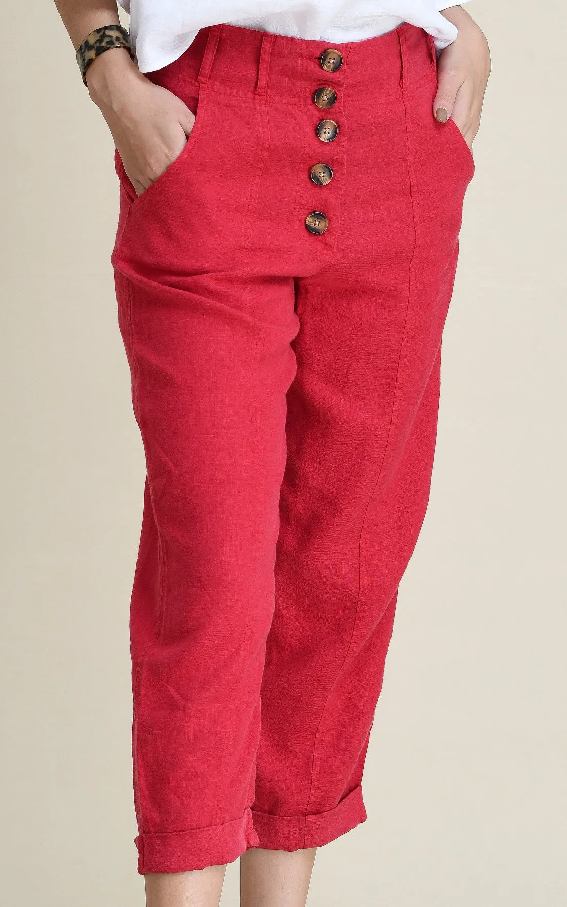 LINEN BUTTONED-UP CAPRI PANTS-MID-RISE