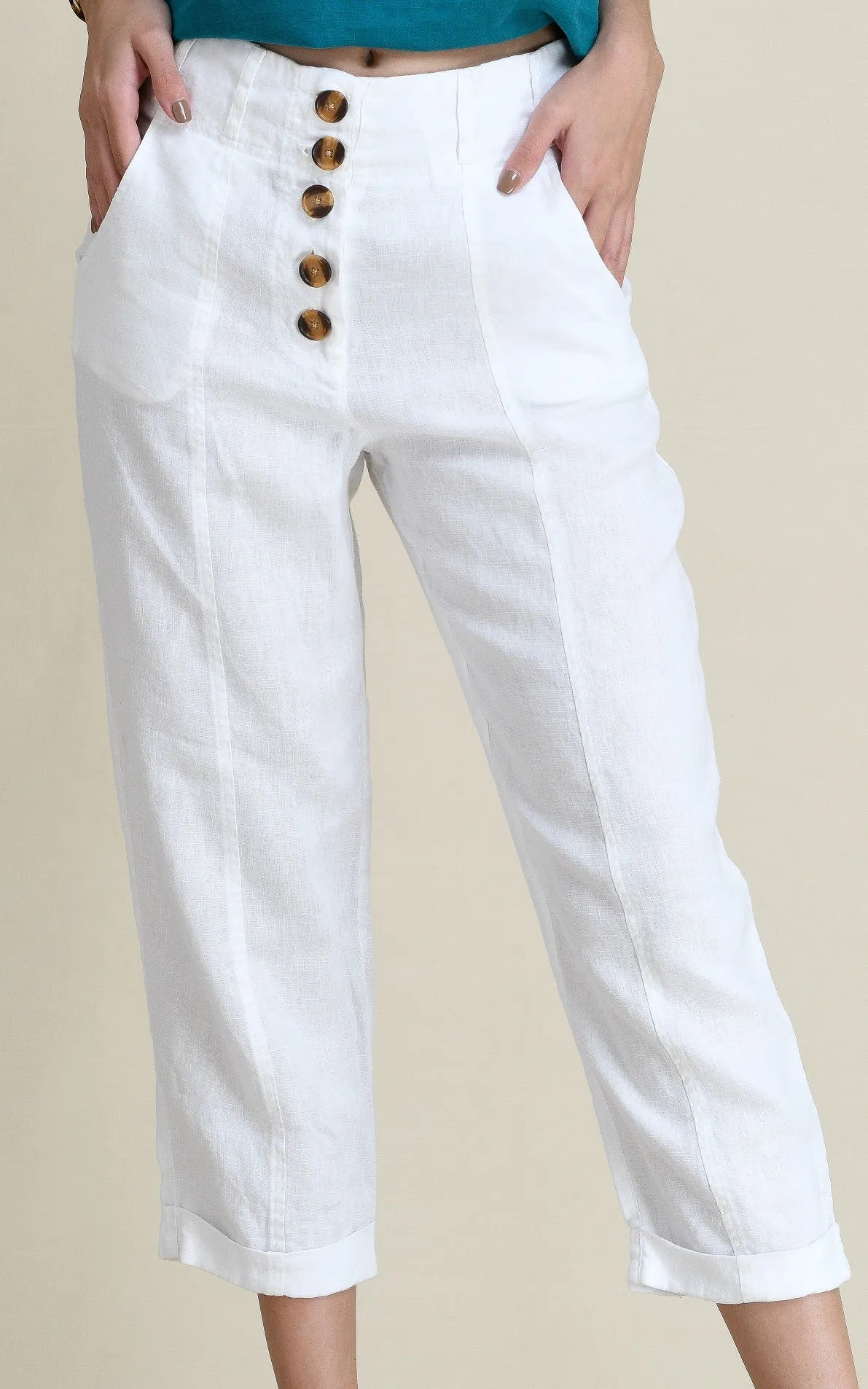 LINEN BUTTONED-UP CAPRI PANTS-MID-RISE
