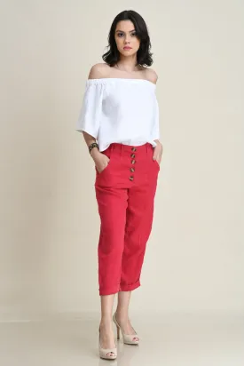 LINEN BUTTONED-UP CAPRI PANTS-MID-RISE