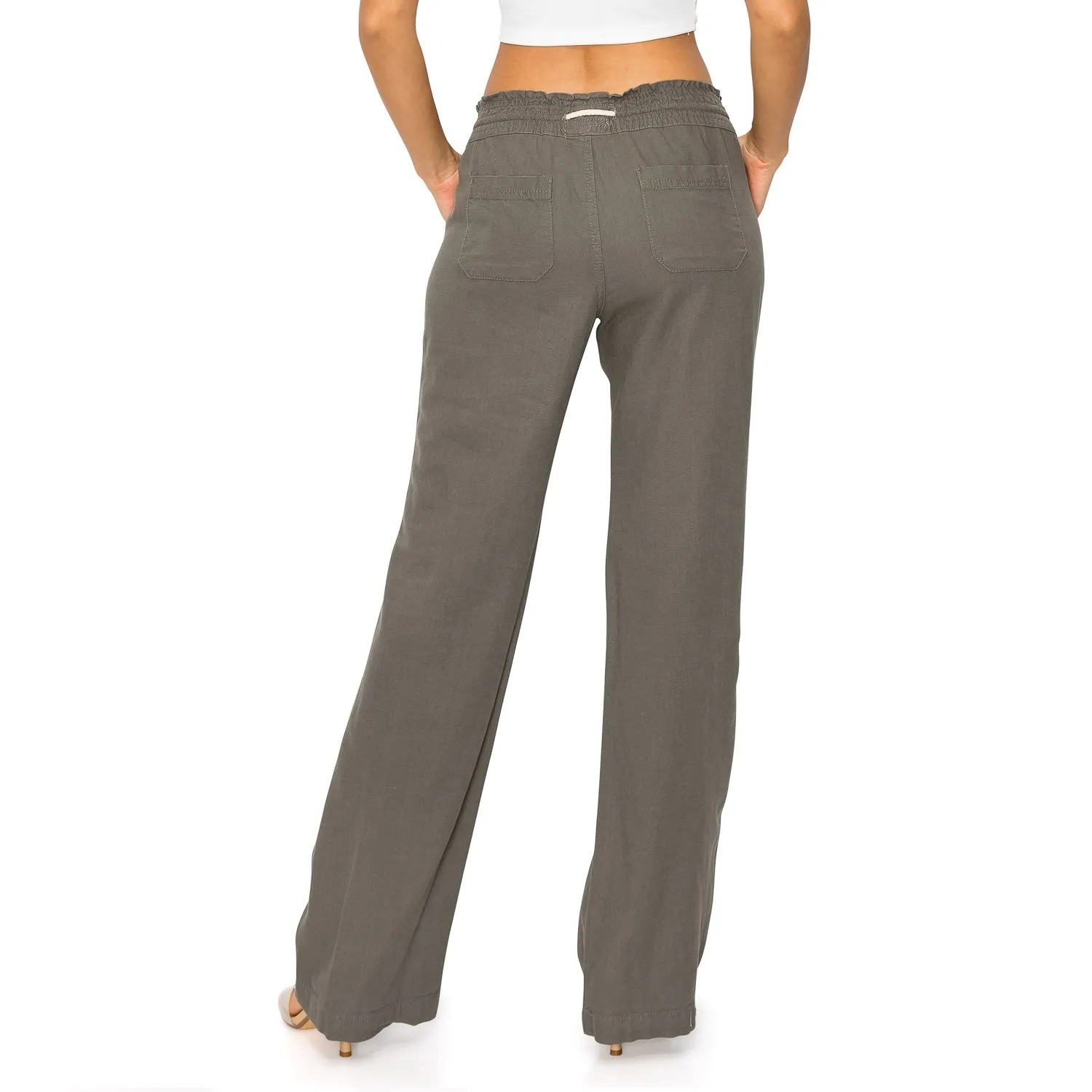 Linen Pants 32" Inseam Drawstring Smocked Waist Beach Pants - Olive