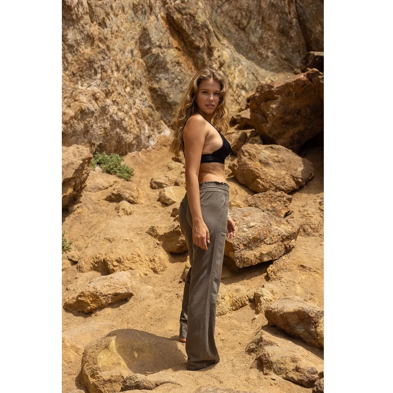 Linen Pants 32" Inseam Drawstring Smocked Waist Beach Pants - Olive