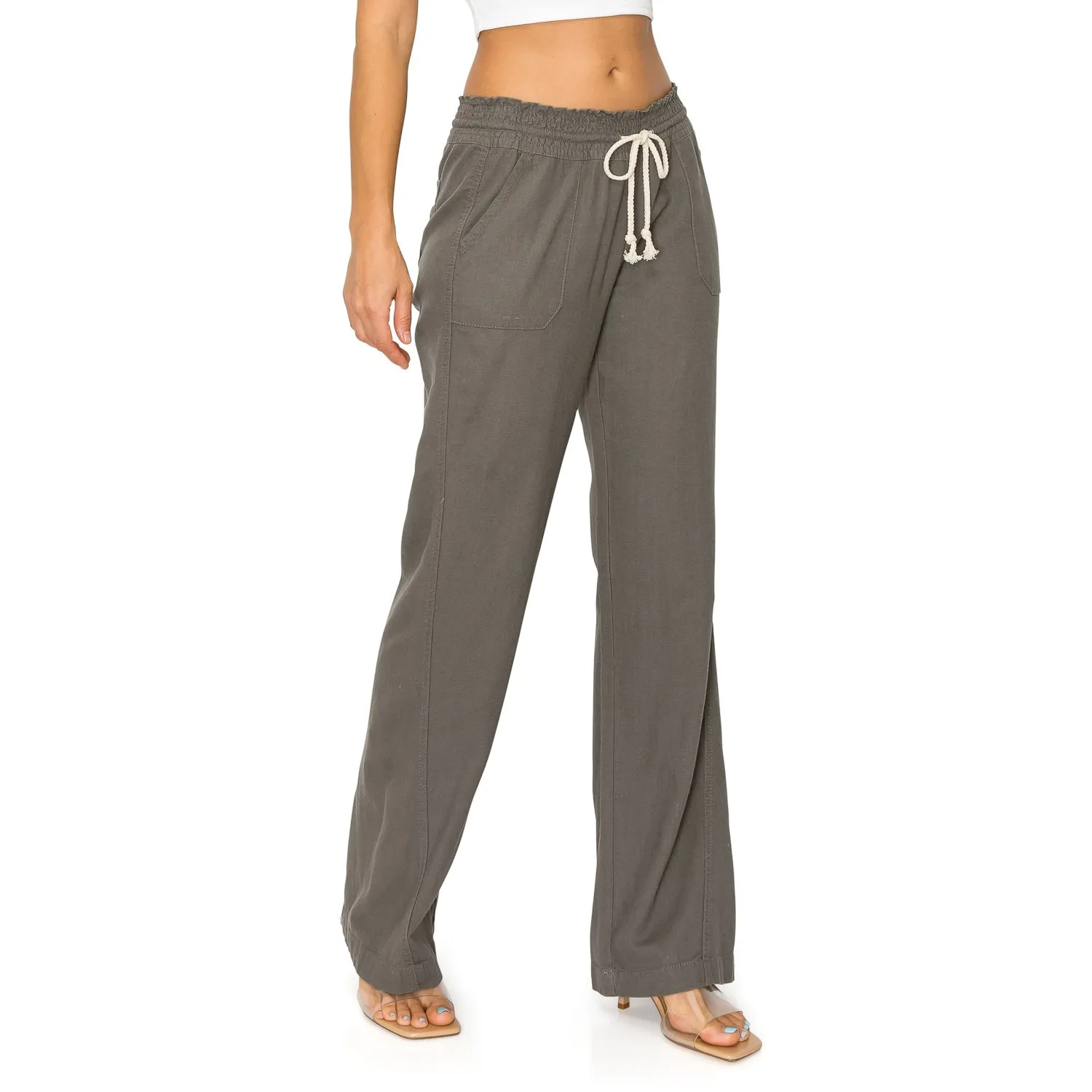 Linen Pants 32" Inseam Drawstring Smocked Waist Beach Pants - Olive