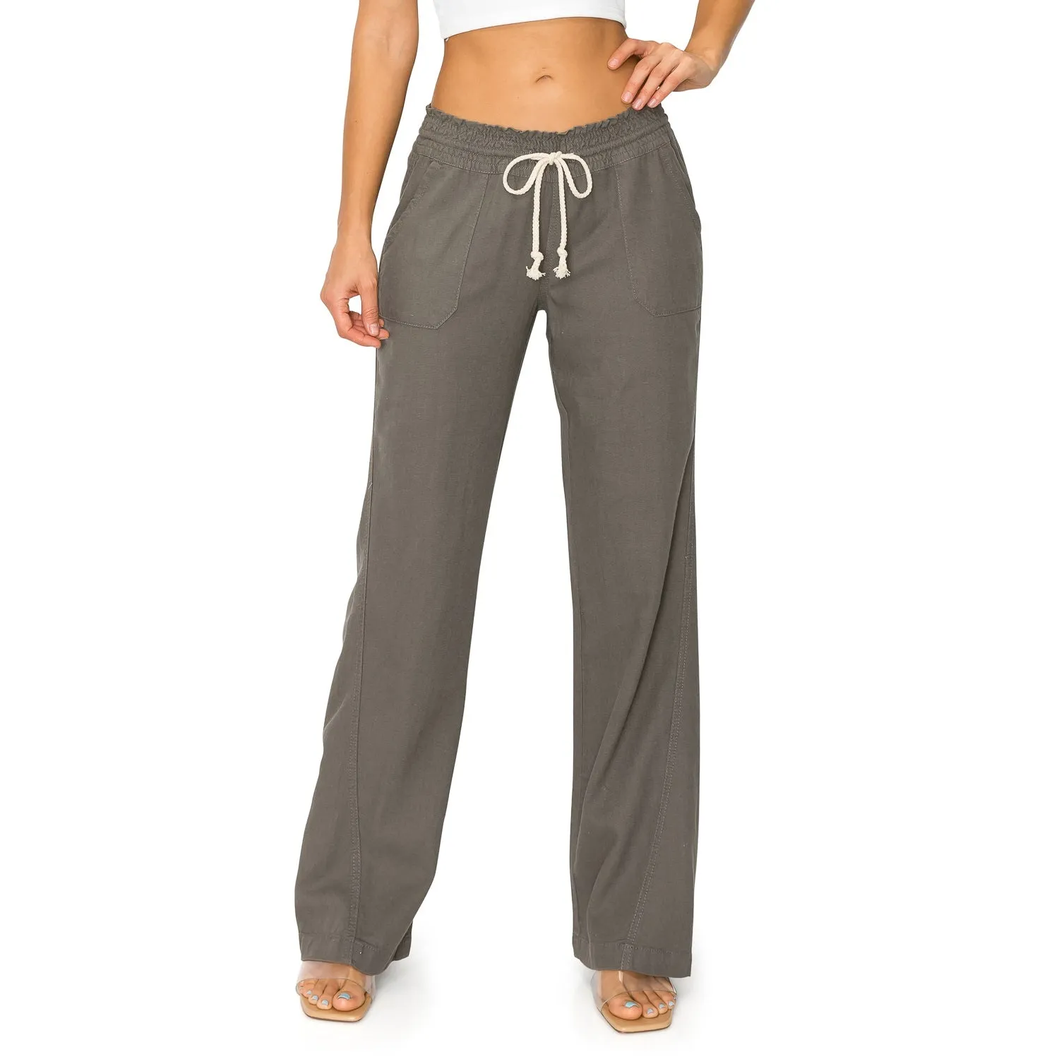 Linen Pants 32" Inseam Drawstring Smocked Waist Beach Pants - Olive