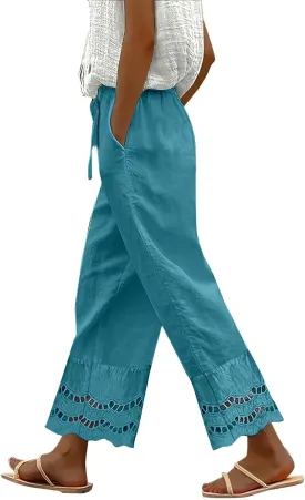 Linen Pants Women Wide Leg Cropped Lounge Trousers Drawstring Elastic Waist Summer Boho Palazzo Flowy Pant Outfits