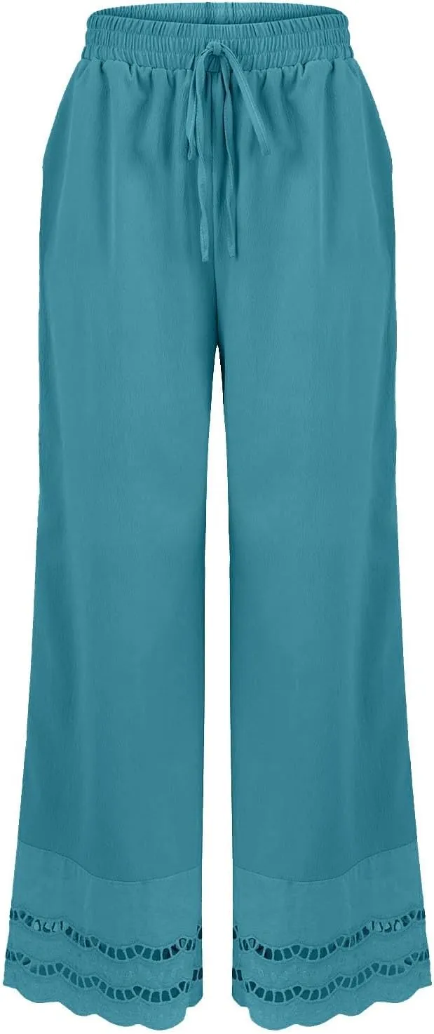 Linen Pants Women Wide Leg Cropped Lounge Trousers Drawstring Elastic Waist Summer Boho Palazzo Flowy Pant Outfits