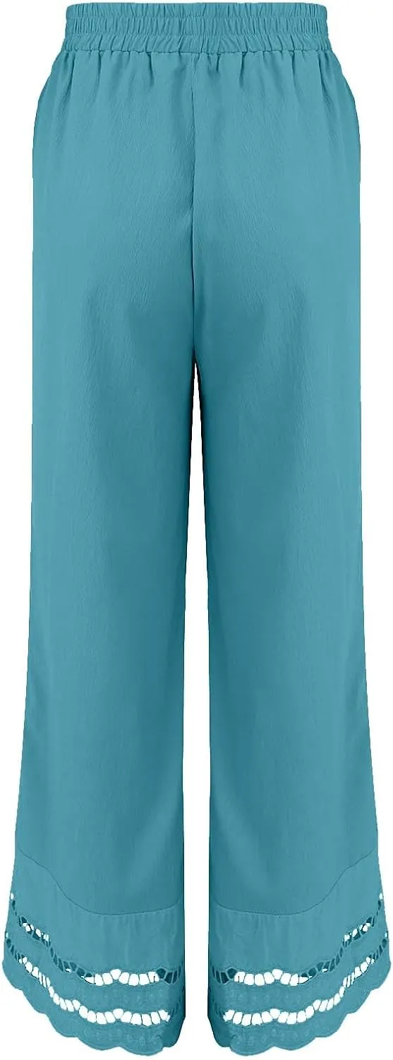 Linen Pants Women Wide Leg Cropped Lounge Trousers Drawstring Elastic Waist Summer Boho Palazzo Flowy Pant Outfits
