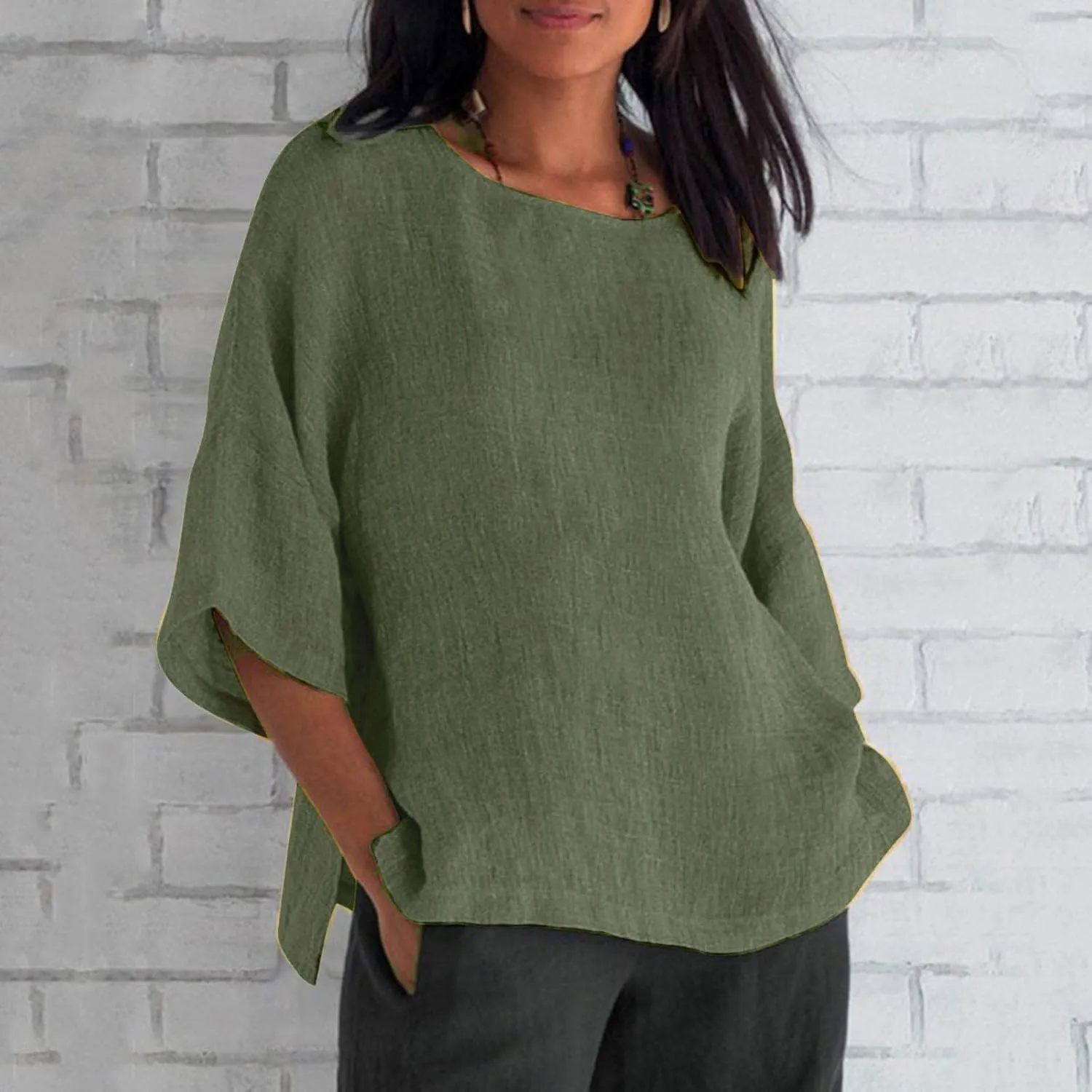 Linen Shirts for Women Solid Color Basic 3/4 Sleeve Tops Summer Casual Round Neck Pullover Blouse Ladies Tunic Tshirt