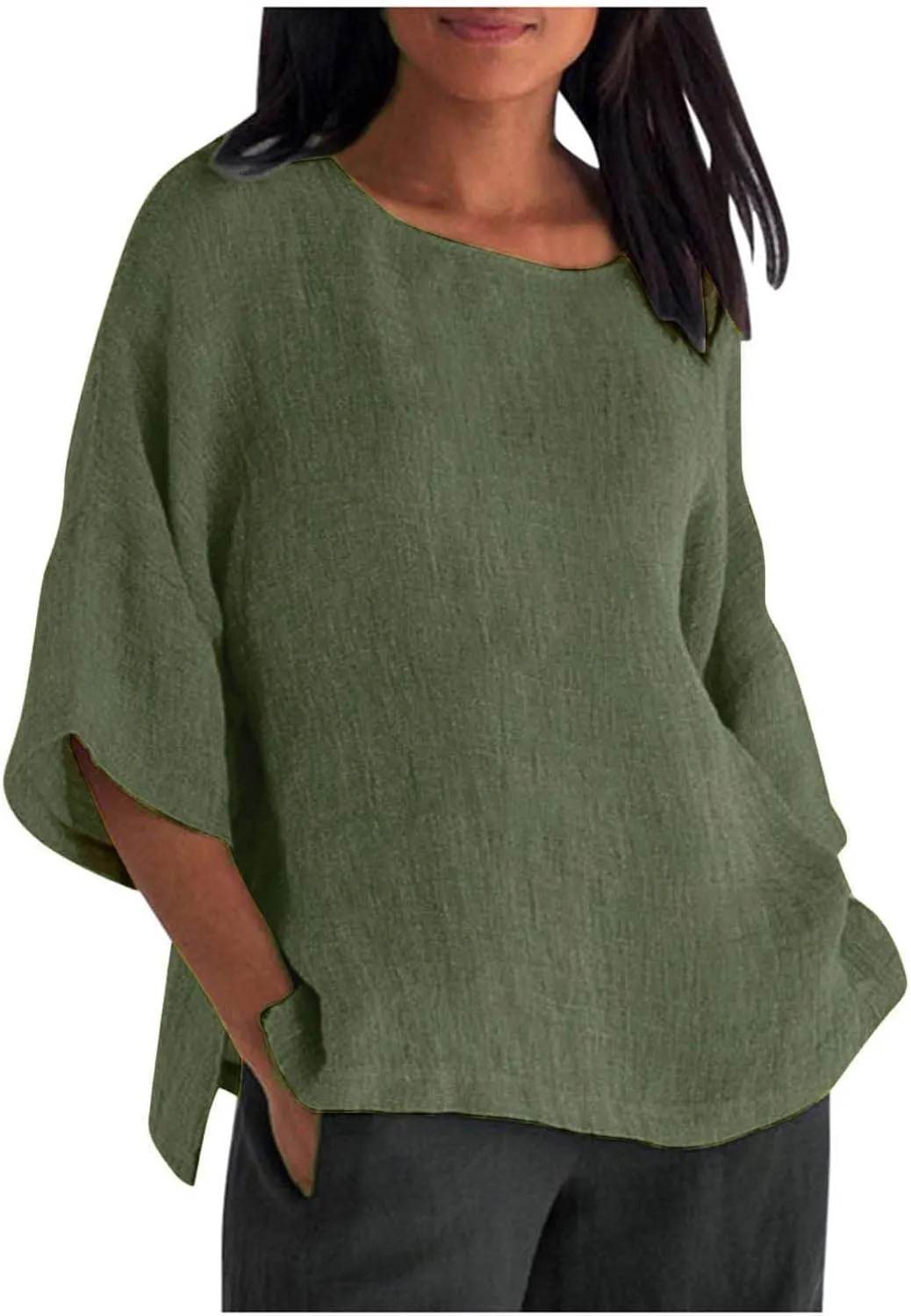 Linen Shirts for Women Solid Color Basic 3/4 Sleeve Tops Summer Casual Round Neck Pullover Blouse Ladies Tunic Tshirt