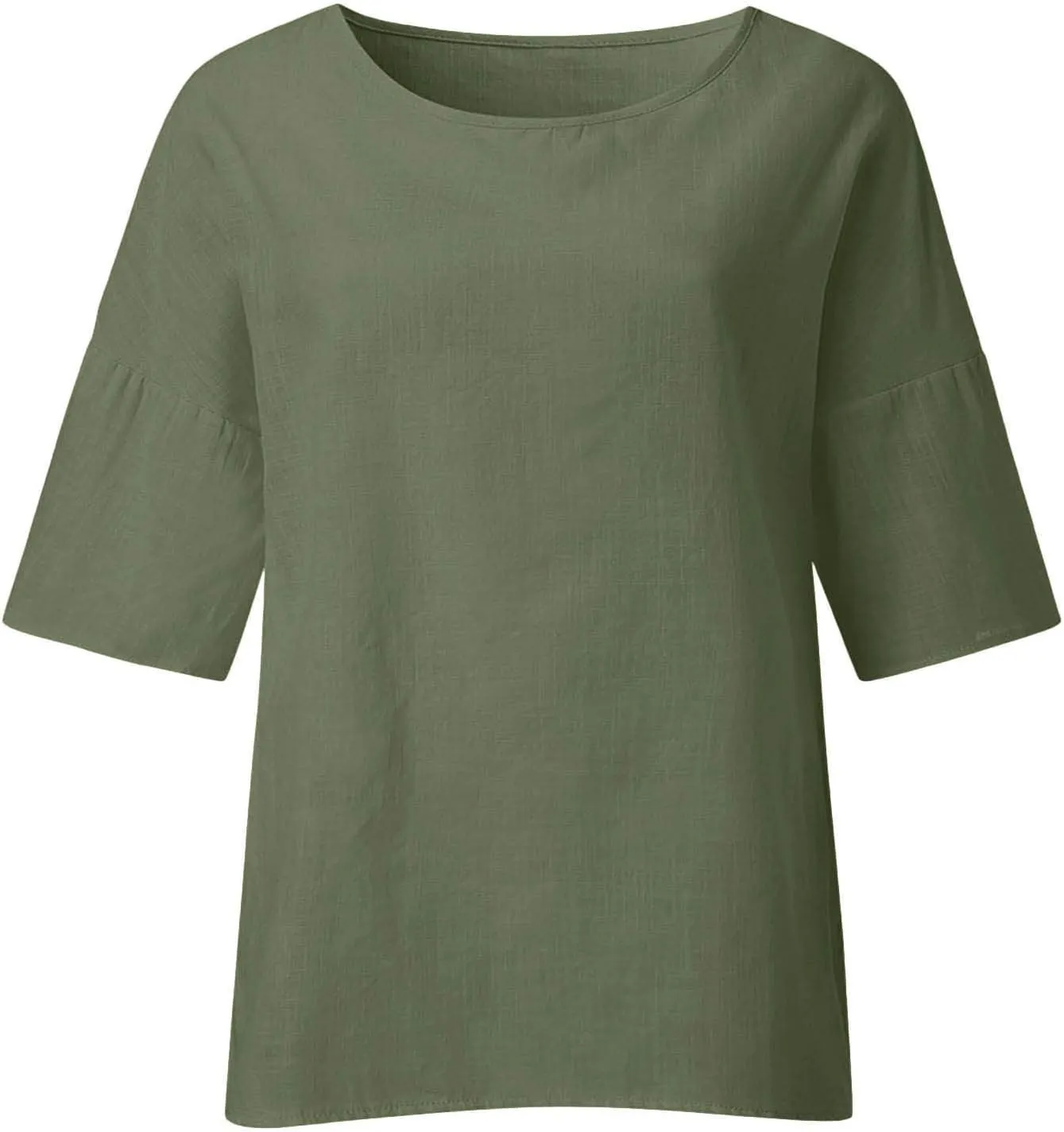 Linen Shirts for Women Solid Color Basic 3/4 Sleeve Tops Summer Casual Round Neck Pullover Blouse Ladies Tunic Tshirt