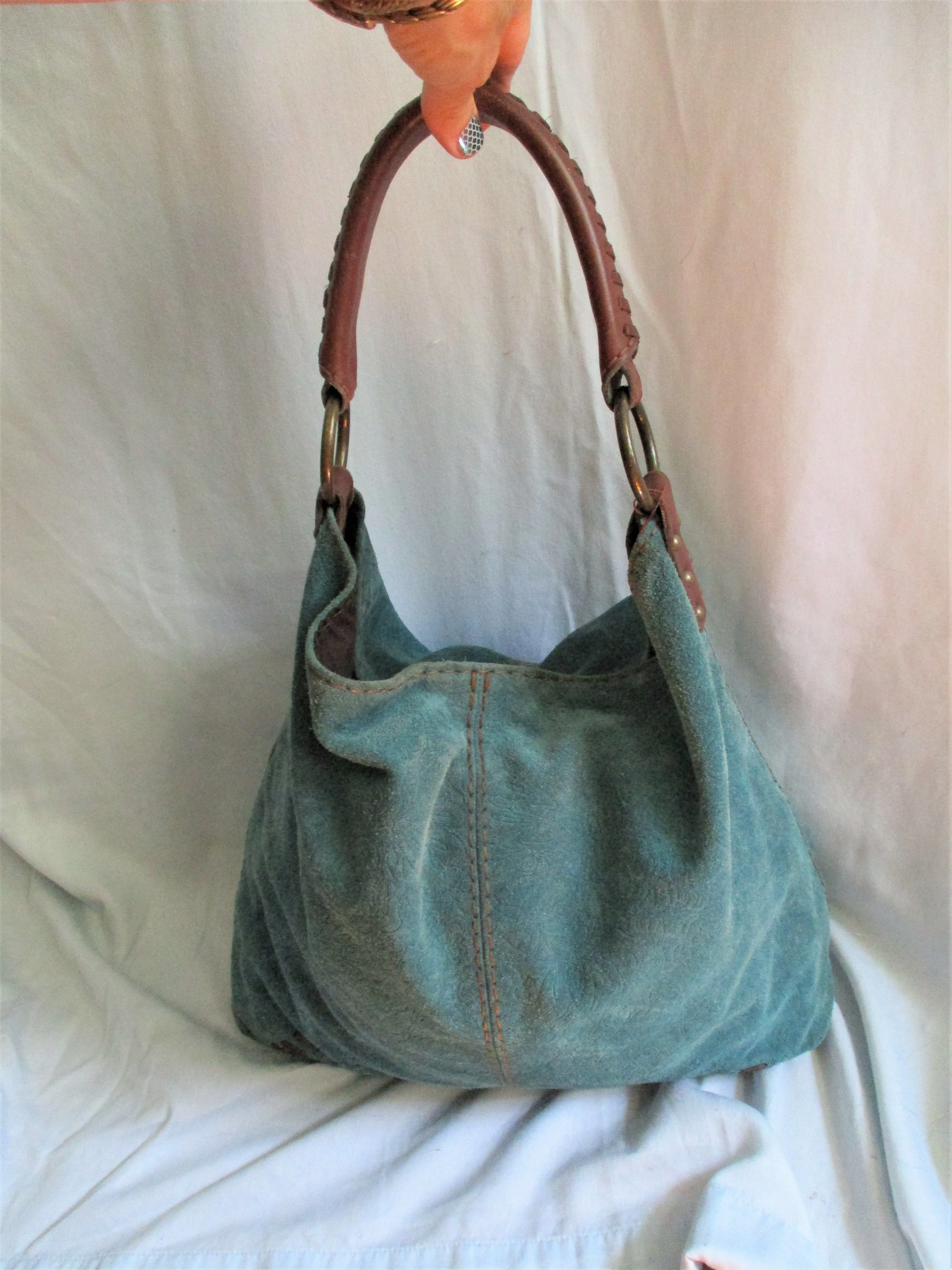 LUCKY BRAND embossed suede leather hobo satchel shoulder bag tote canvas BLUE