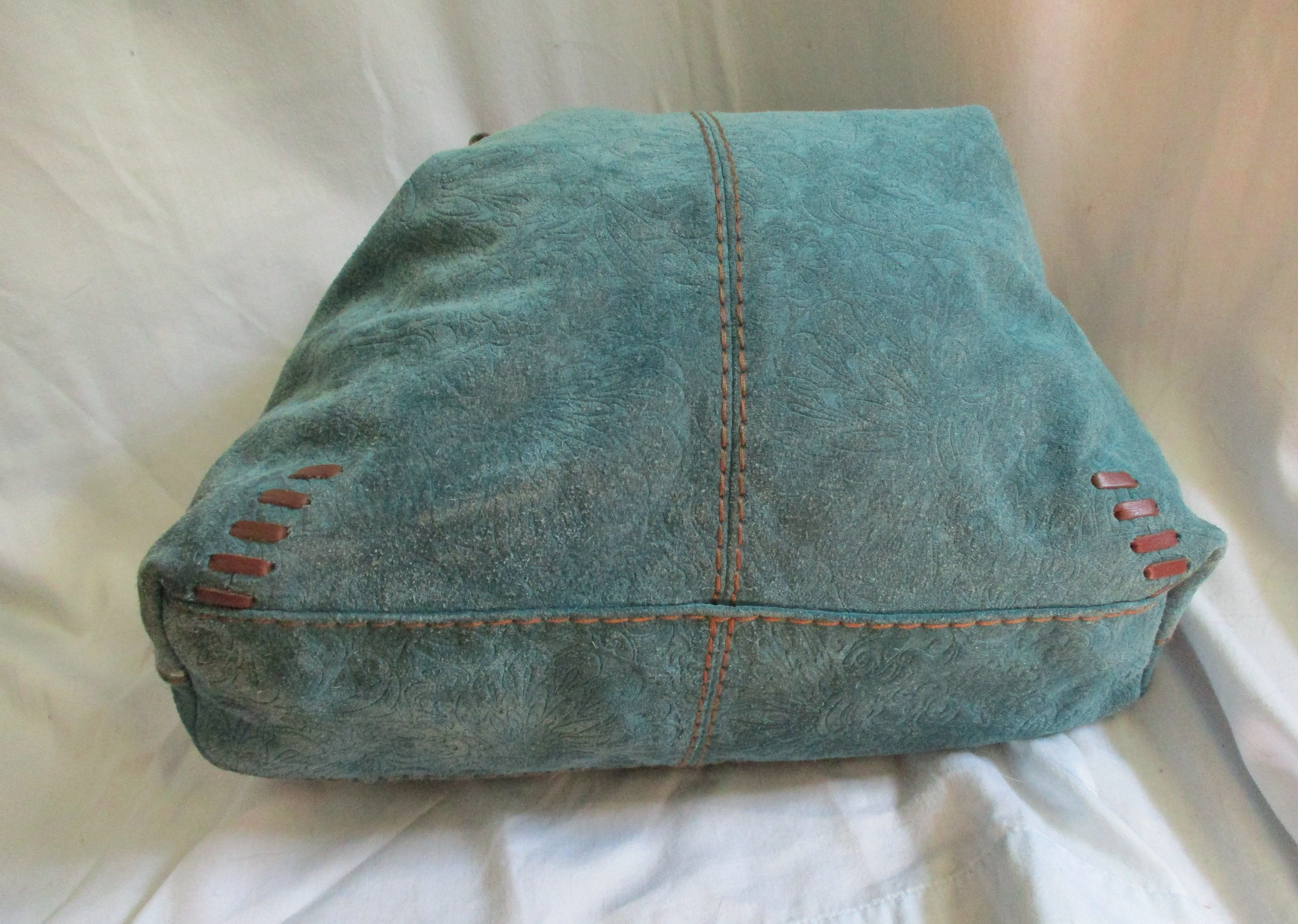 LUCKY BRAND embossed suede leather hobo satchel shoulder bag tote canvas BLUE