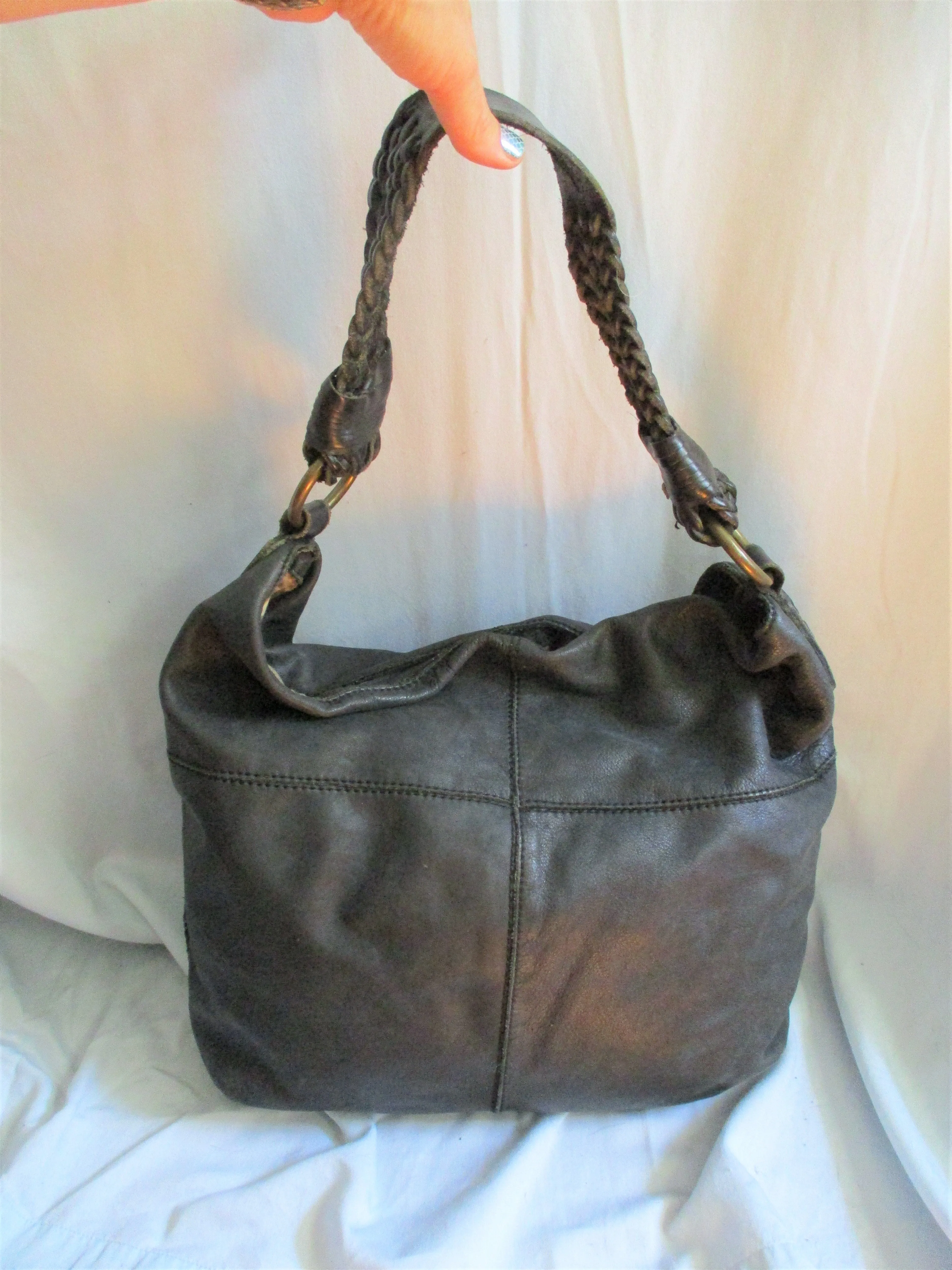 LUCKY BRAND leather hobo satchel paneled shoulder bag tote BLACK braid