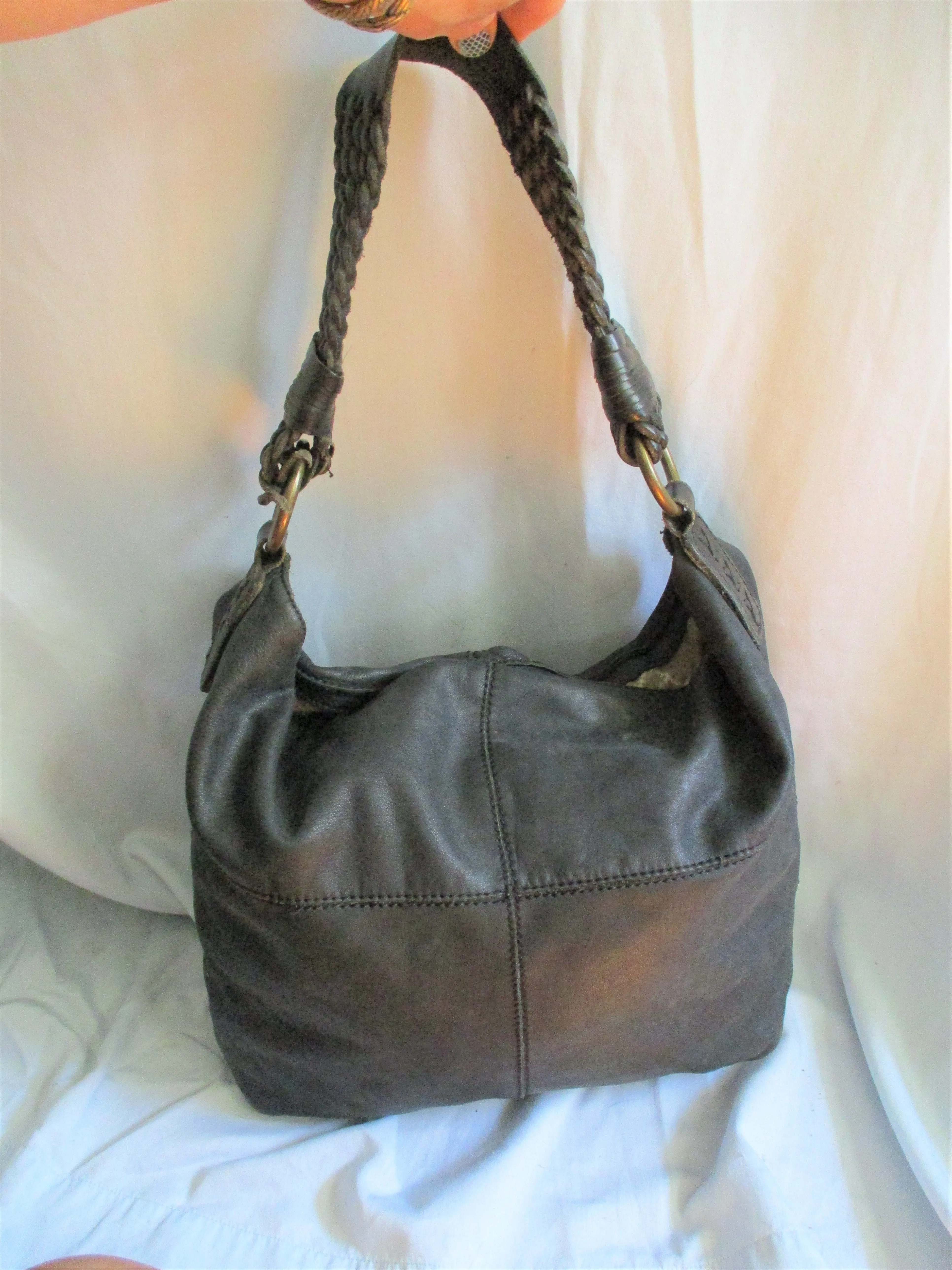 LUCKY BRAND leather hobo satchel paneled shoulder bag tote BLACK braid