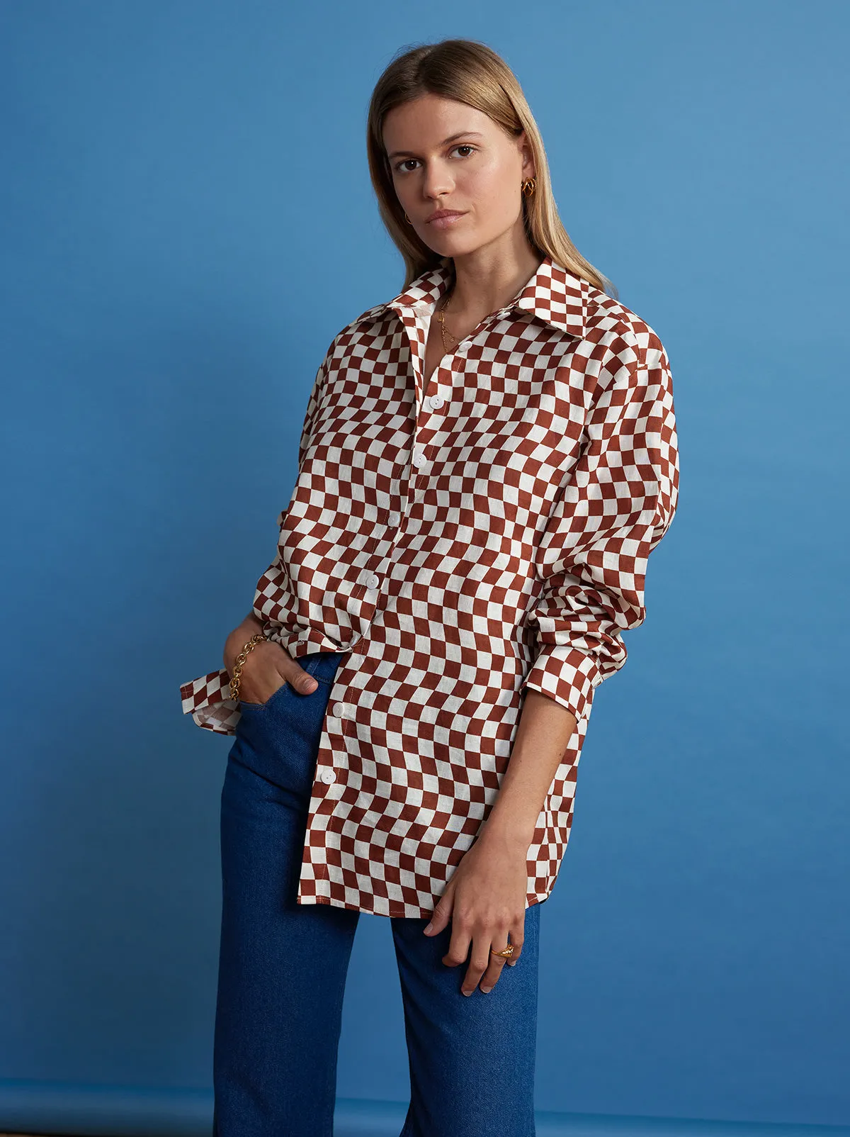 Mariana Brown Wavy Checker Boyfriend Shirt
