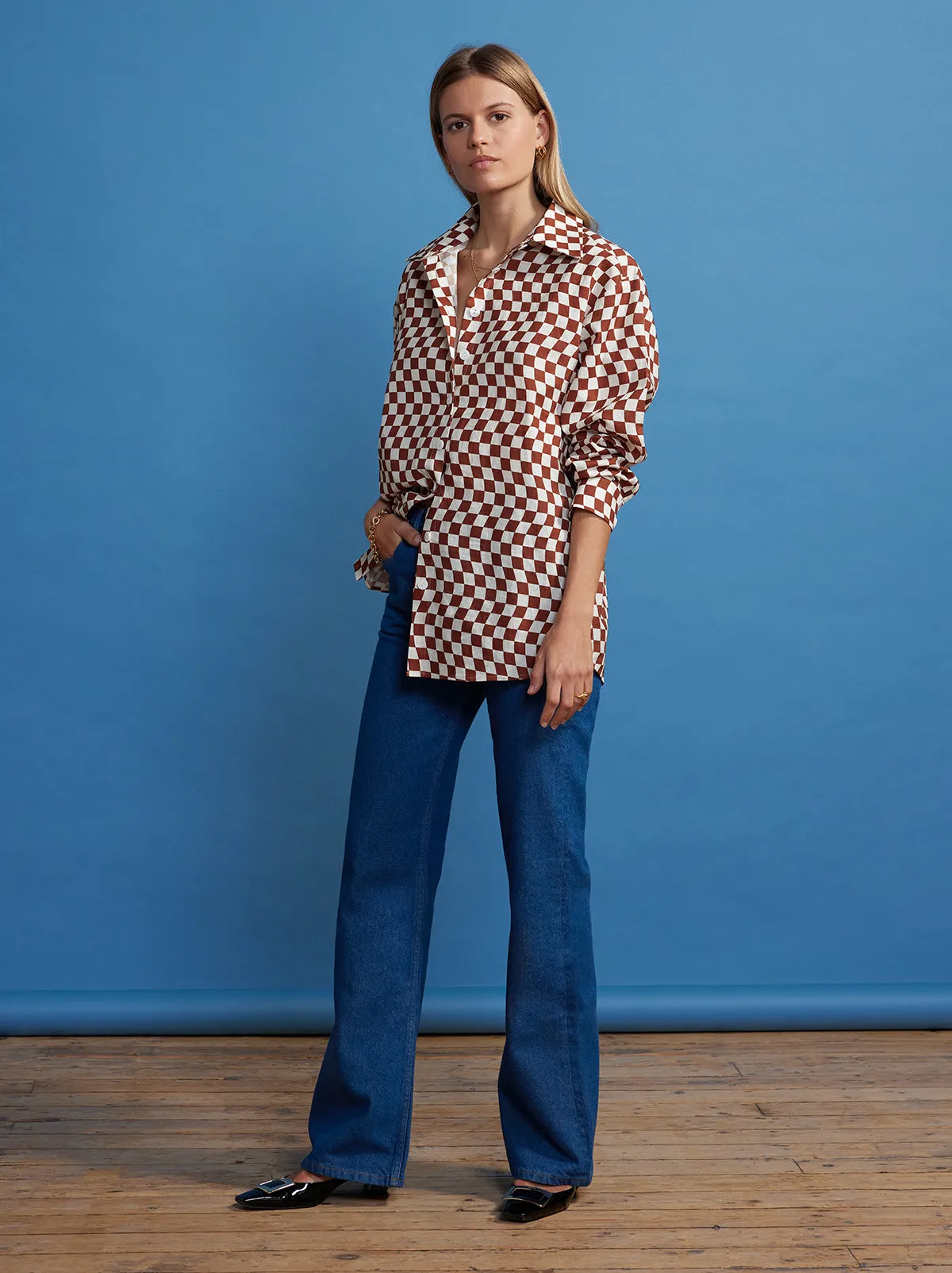 Mariana Brown Wavy Checker Boyfriend Shirt