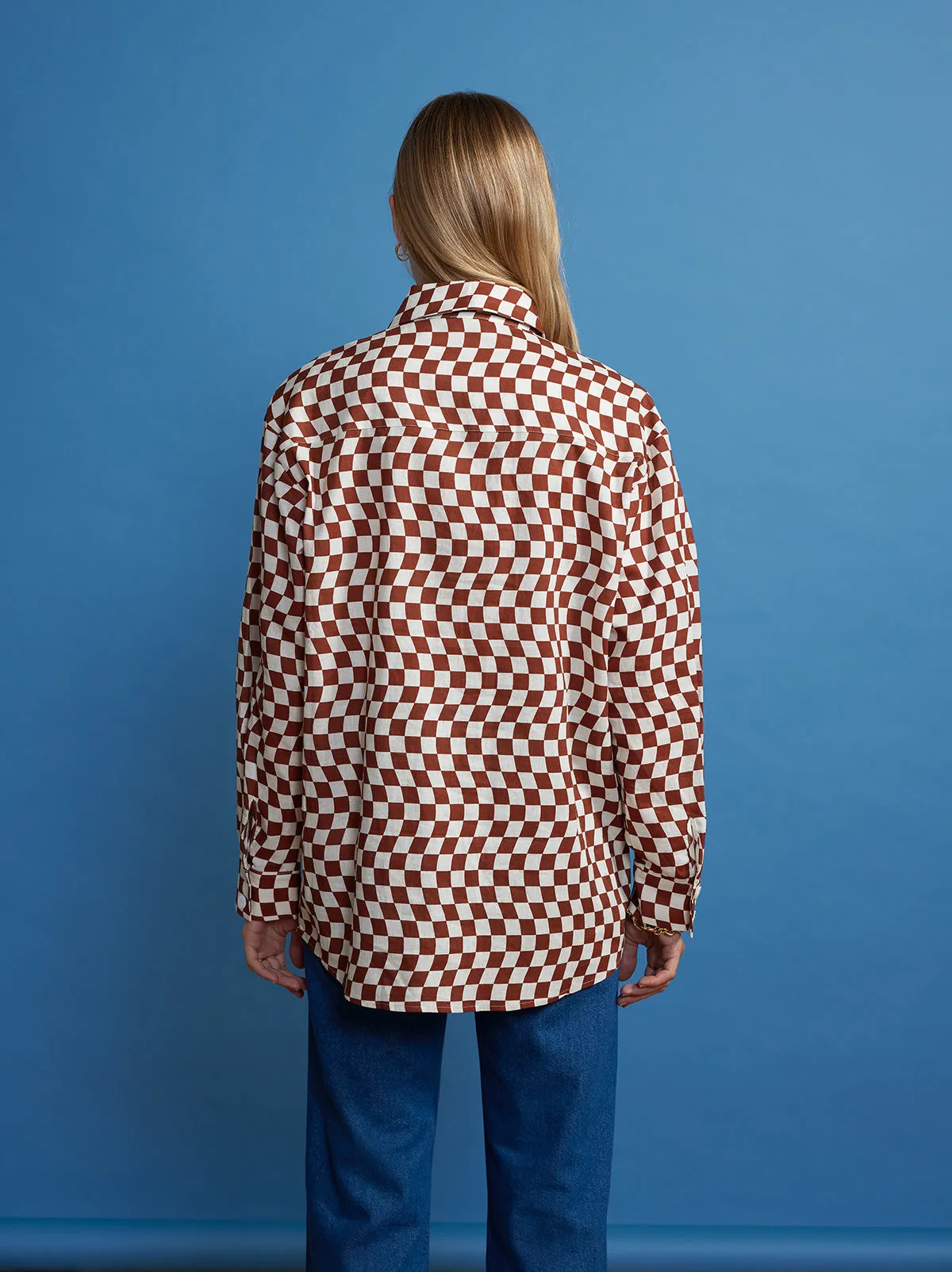 Mariana Brown Wavy Checker Boyfriend Shirt