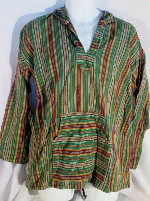 Mens Womens Stripe Mexican Hoodie Sweatshirt Beach Coverup Hippie L GREEN  Top MULTI