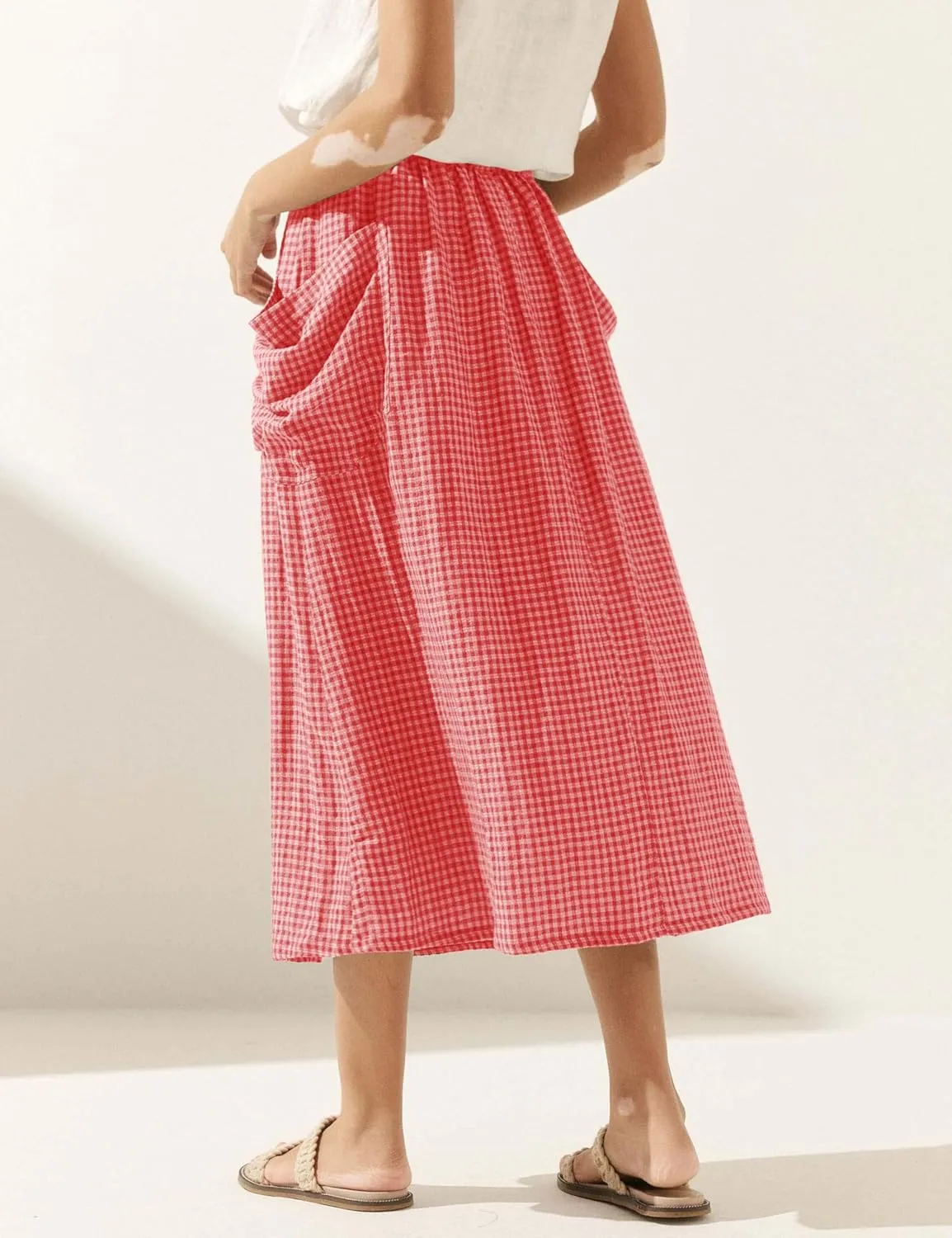 MISSACTIVER Plaid Skirts for Women Elastic Waist Midi Skirt with Pockets Vintage Flowy Gingham Long Skirt