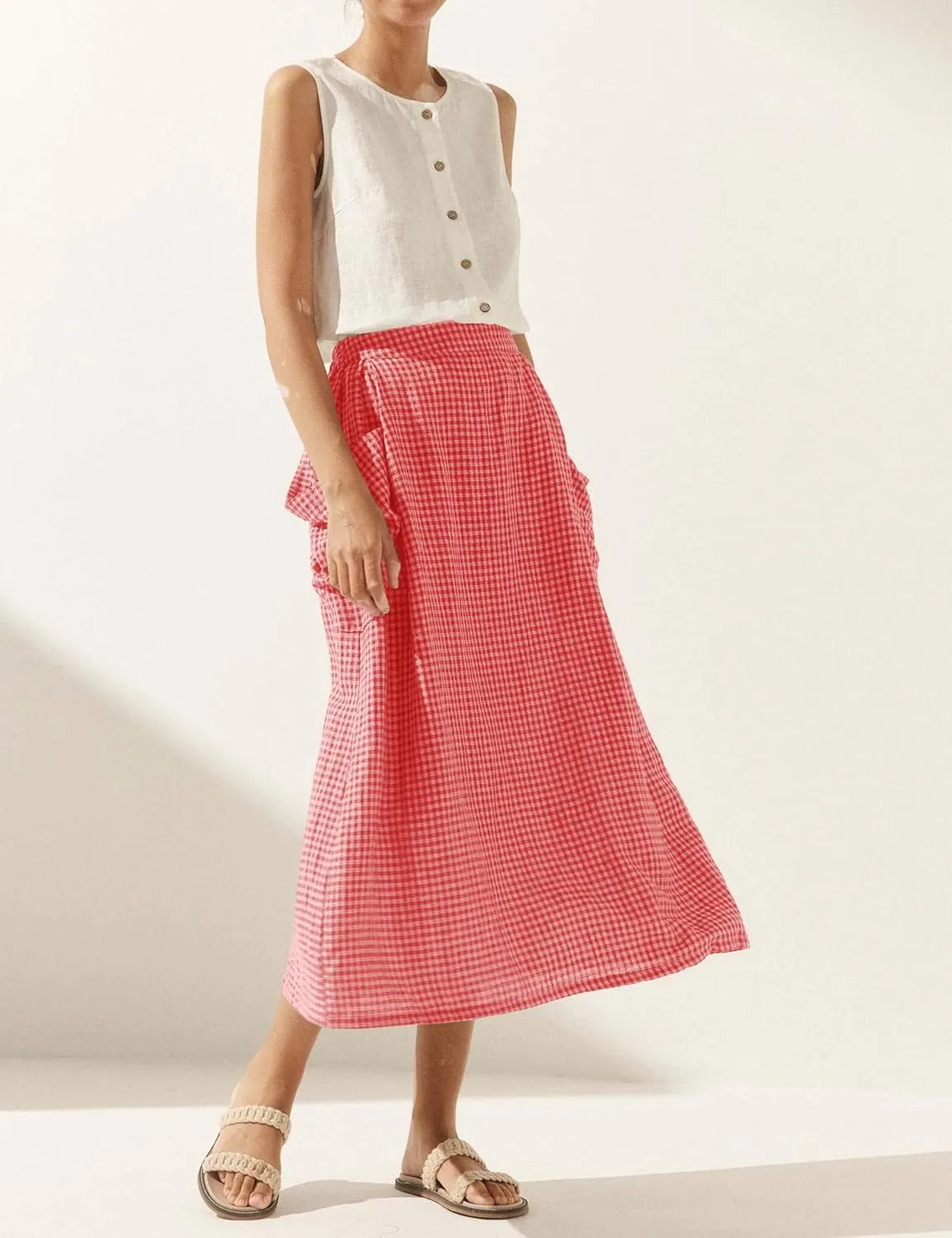 MISSACTIVER Plaid Skirts for Women Elastic Waist Midi Skirt with Pockets Vintage Flowy Gingham Long Skirt
