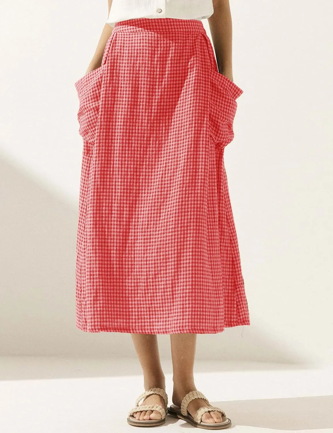 MISSACTIVER Plaid Skirts for Women Elastic Waist Midi Skirt with Pockets Vintage Flowy Gingham Long Skirt