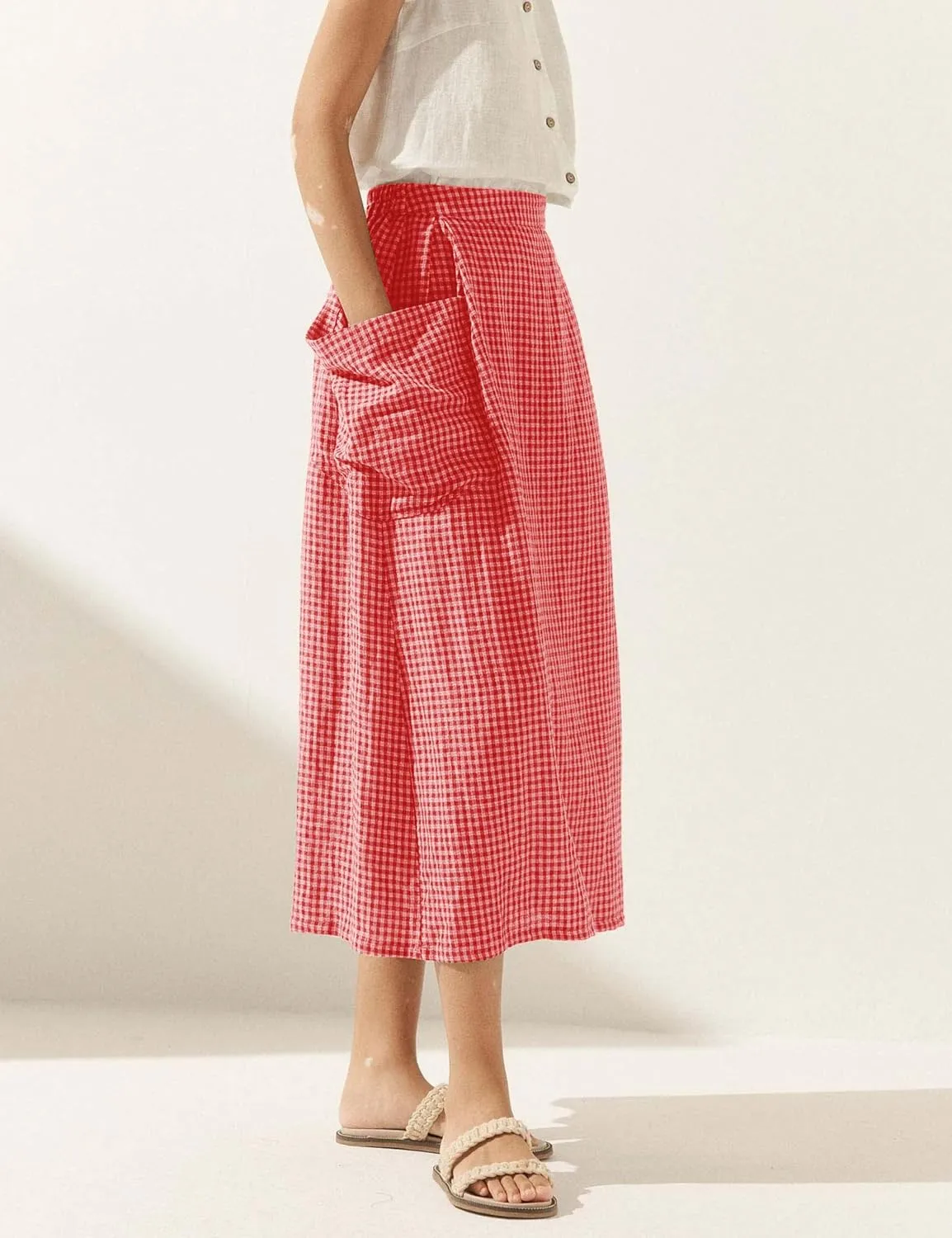 MISSACTIVER Plaid Skirts for Women Elastic Waist Midi Skirt with Pockets Vintage Flowy Gingham Long Skirt