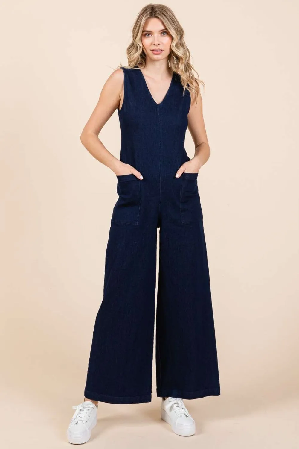Mittoshop Sleeveless Wide Leg Blue Denim Jumpsuit