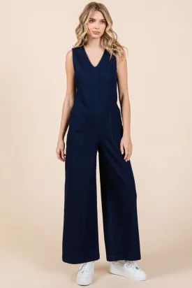 Mittoshop Sleeveless Wide Leg Blue Denim Jumpsuit