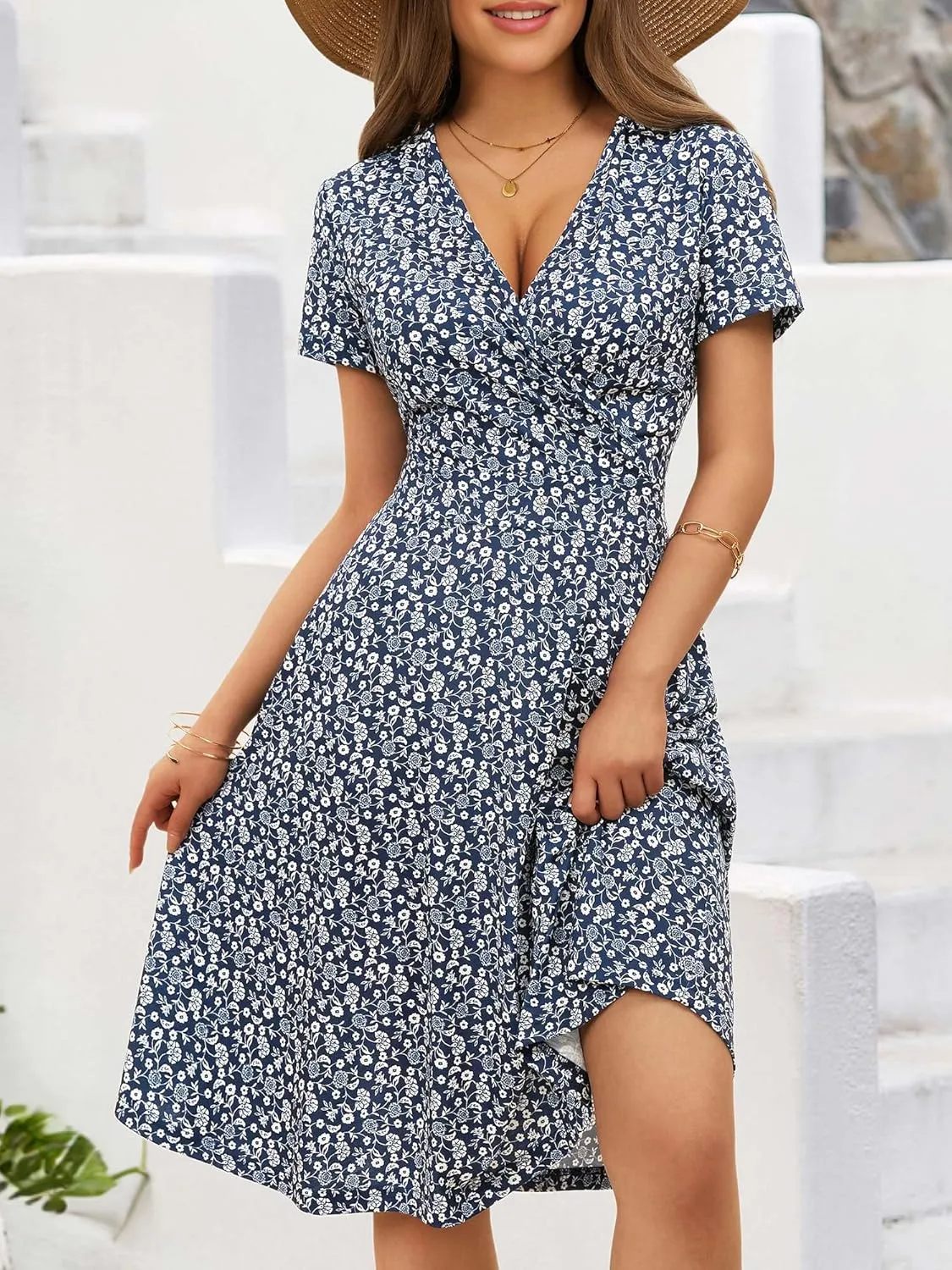 MSBASIC Womens Summer Wrap V Neck Casual Dresses Floral Short Sleeve A-Line Midi Sundress