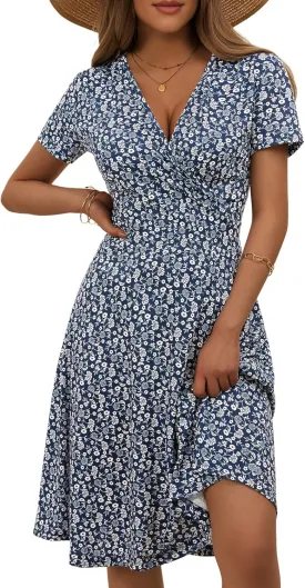 MSBASIC Womens Summer Wrap V Neck Casual Dresses Floral Short Sleeve A-Line Midi Sundress