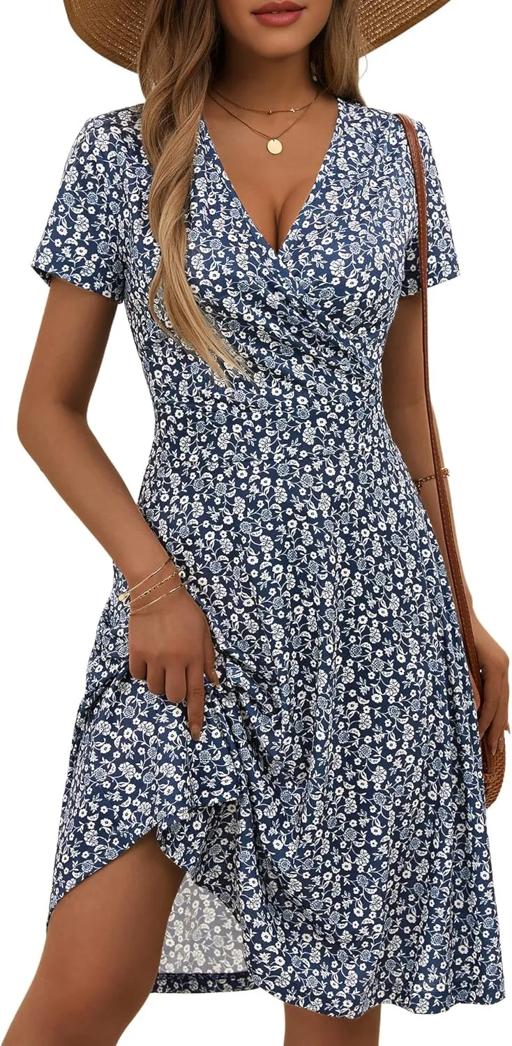 MSBASIC Womens Summer Wrap V Neck Casual Dresses Floral Short Sleeve A-Line Midi Sundress