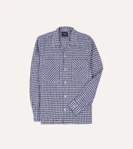 Navy Gingham Check Linen Camp Collar Long Sleeve Shirt