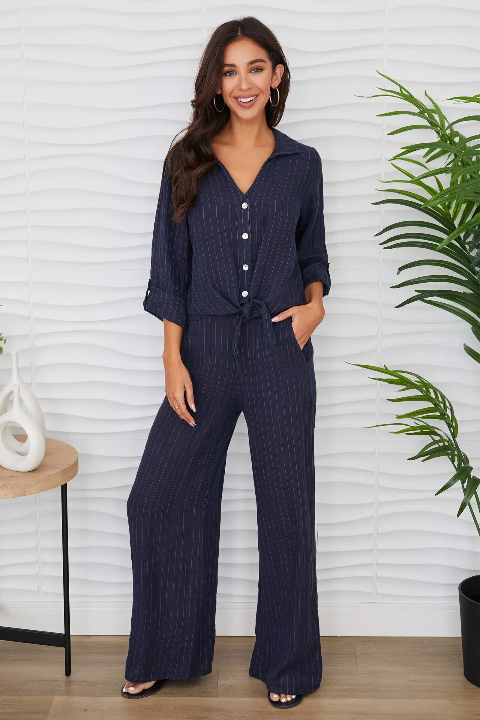 Navy Pinstripe Linen Top and Short Set