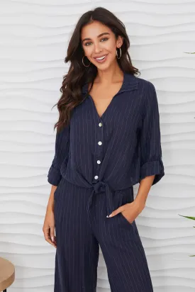 Navy Pinstripe Linen Top and Short Set