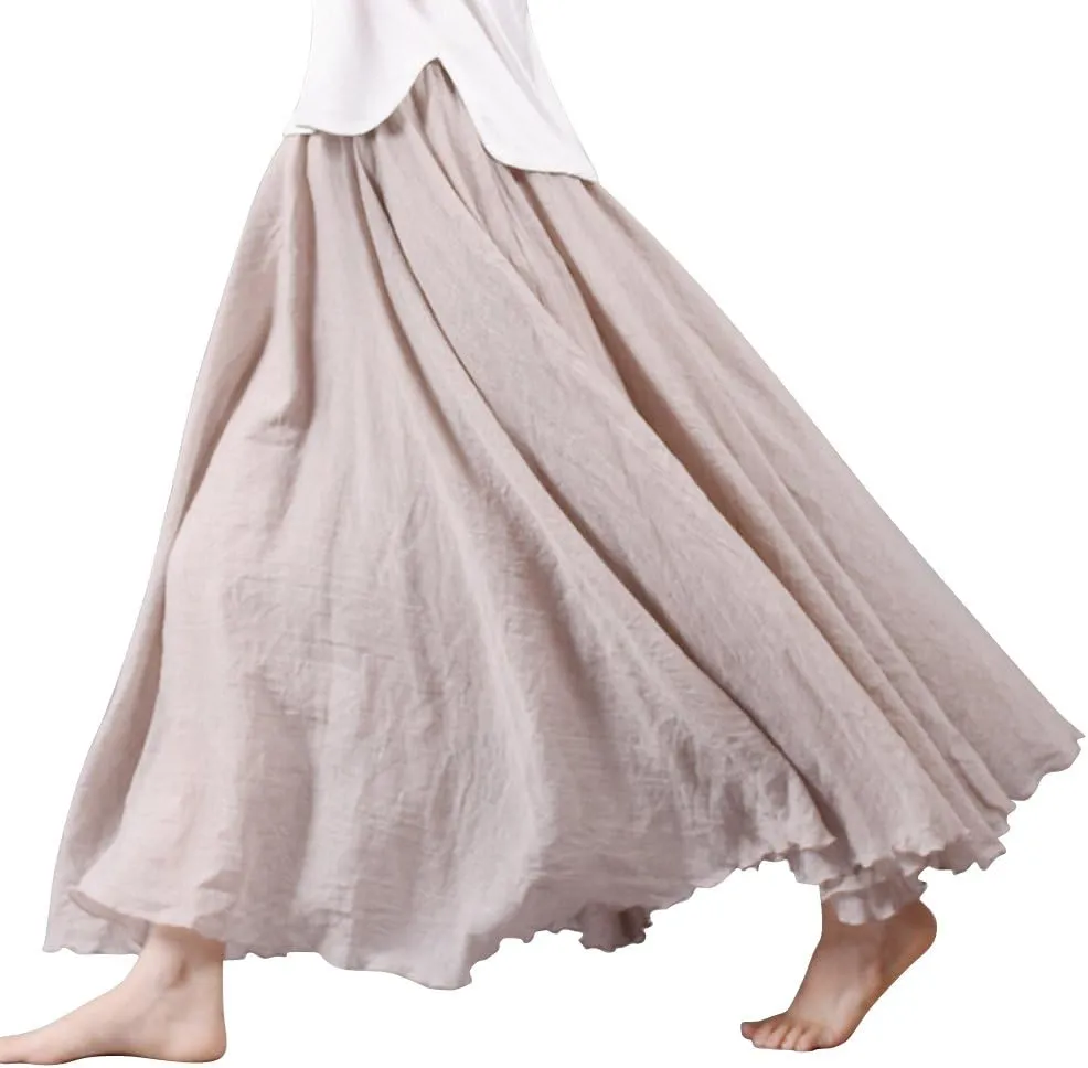 OCHENTA Women's Girls Elastic Waist Long Flowy Bohemian Cotton Casual Maxi Skirt for Summer Beach Holiday