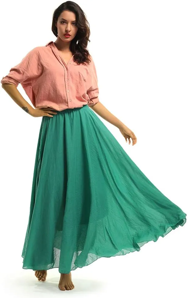 OCHENTA Women's Girls Elastic Waist Long Flowy Bohemian Cotton Casual Maxi Skirt for Summer Beach Holiday