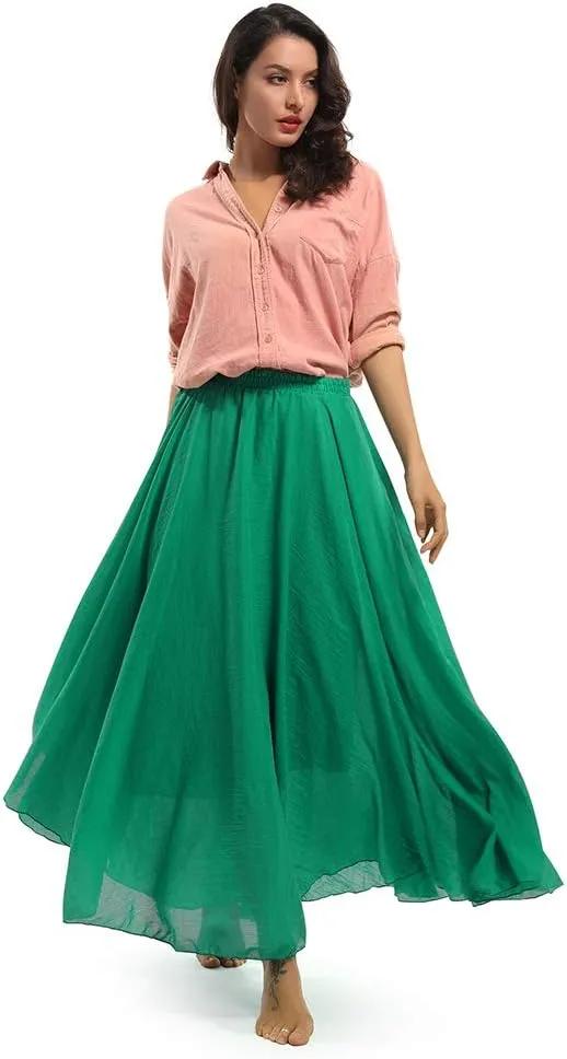 OCHENTA Women's Girls Elastic Waist Long Flowy Bohemian Cotton Casual Maxi Skirt for Summer Beach Holiday