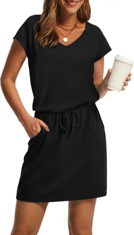 OFEEFAN Summer Dresses for Women 2025 V Neck T Shirt Casual Mini Dresses Tie Waist Sundresses with Pockets