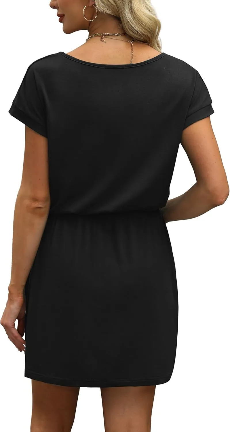 OFEEFAN Summer Dresses for Women 2025 V Neck T Shirt Casual Mini Dresses Tie Waist Sundresses with Pockets