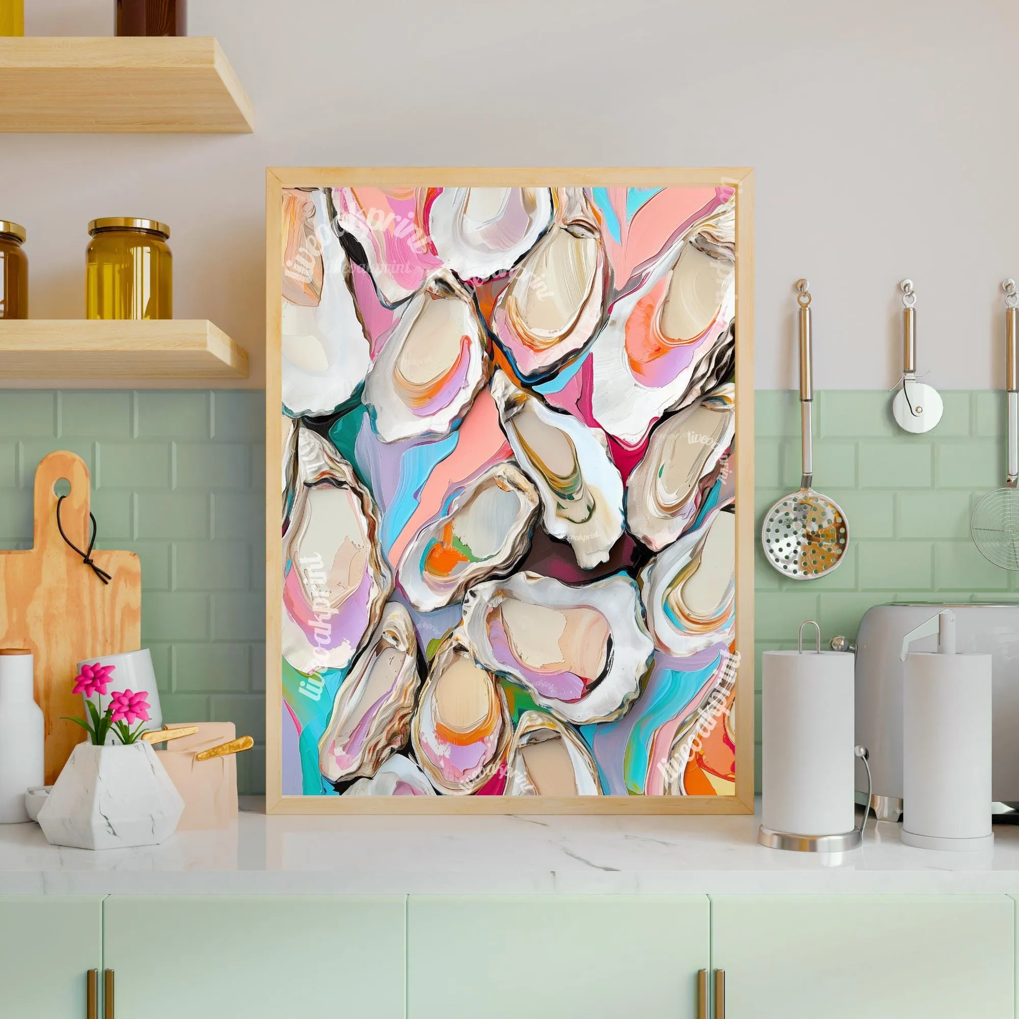 Oyster Print - Funky Coastal Oyster Art Print – Modern Boho Decor – Eclectic Beach House Wall Art - Oyster Art - Colorful Kitchen Art