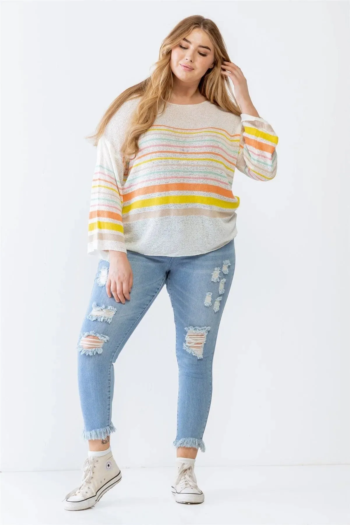 Plus Size Lightweight Striped Cotton Knit Sweater /3-2-1