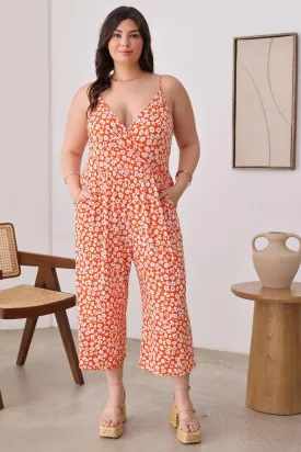 Plus Size Warp Floral Print Wide Capri Leg Side Tie Jumpsuit