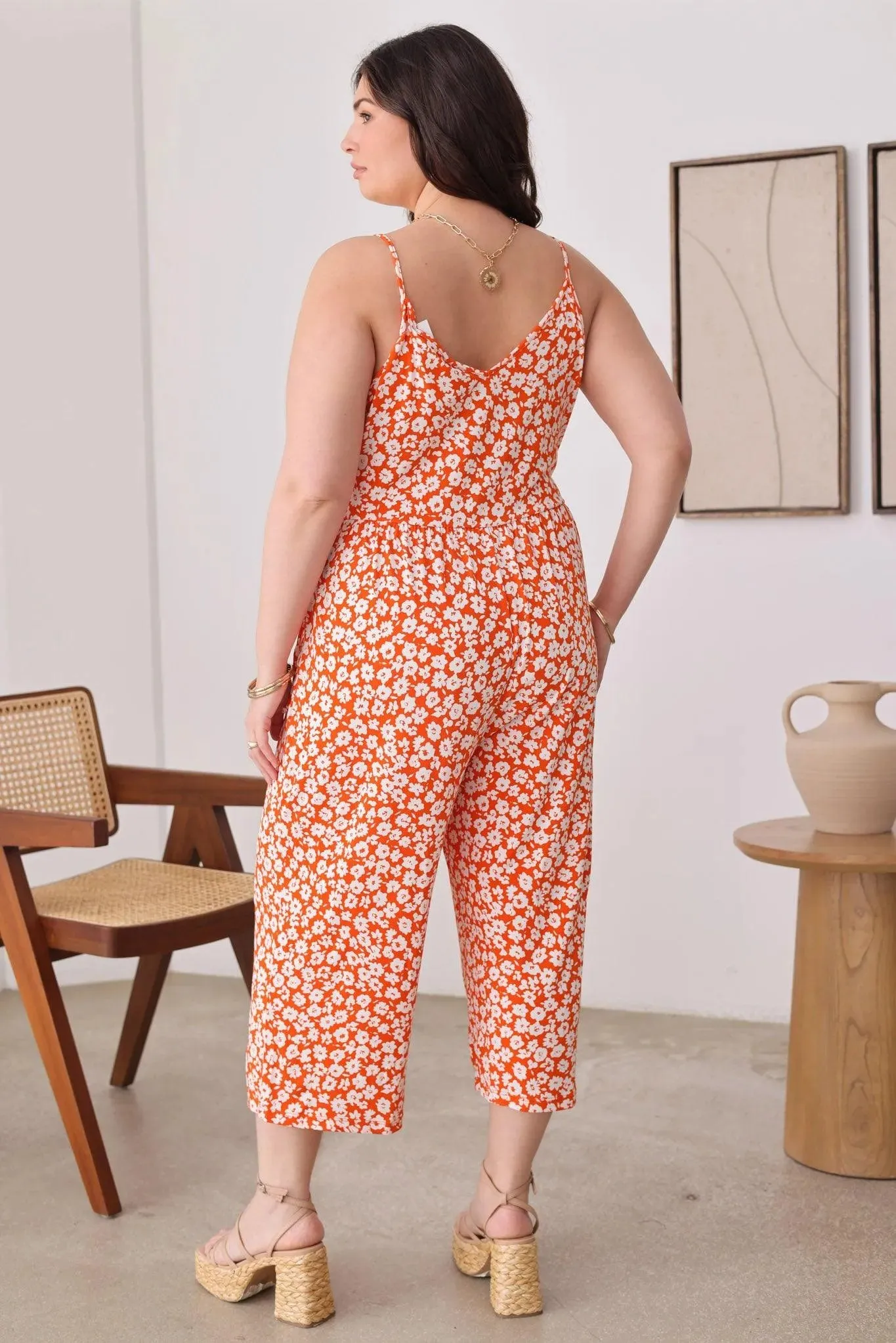 Plus Size Warp Floral Print Wide Capri Leg Side Tie Jumpsuit